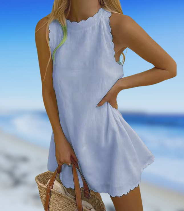 Women's Linen Swing Dress with Scalloped Edges