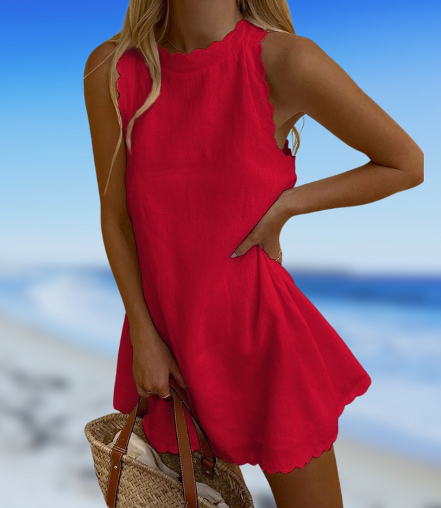 Women's Linen Swing Dress with Scalloped Edges