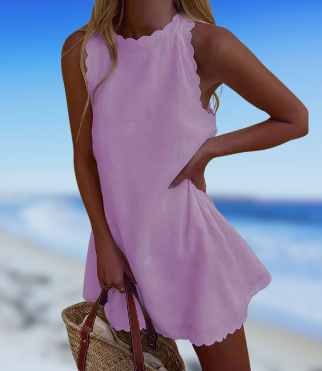 Women's Linen Swing Dress with Scalloped Edges