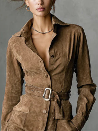 Women's Long Sleeve Dress in Faux Suede with a Notched Collar