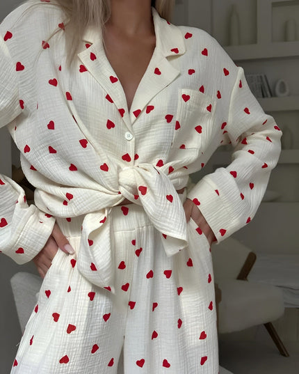 Women's Long Sleeve Pajama Set in a Heart Print