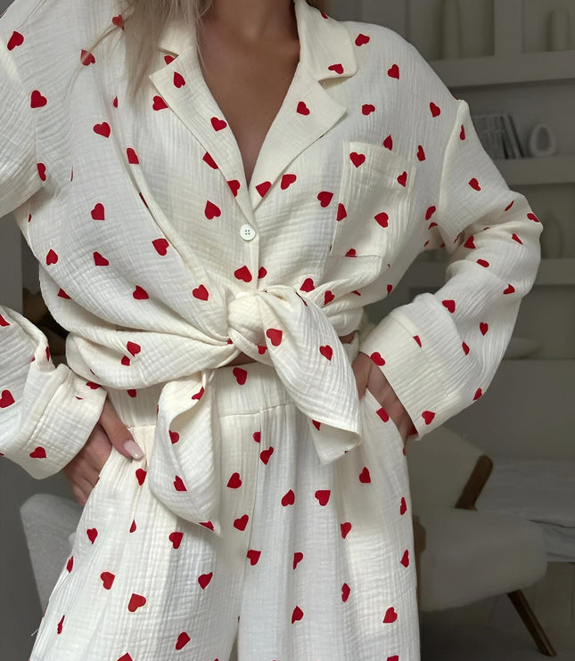 Women's Long Sleeve Pajama Set in a Heart Print