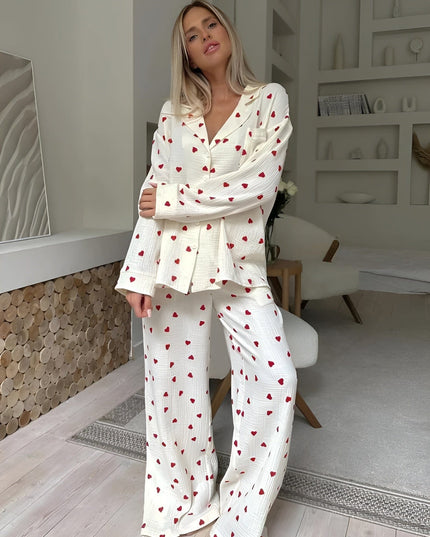 Women's Long Sleeve Pajama Set in a Heart Print