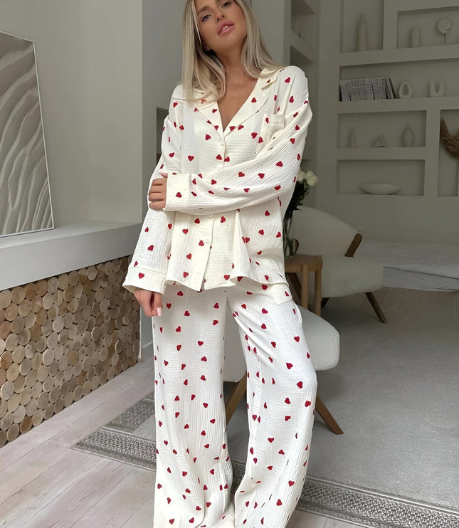 Women's Long Sleeve Pajama Set in a Heart Print