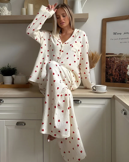 Women's Long Sleeve Pajama Set in a Heart Print