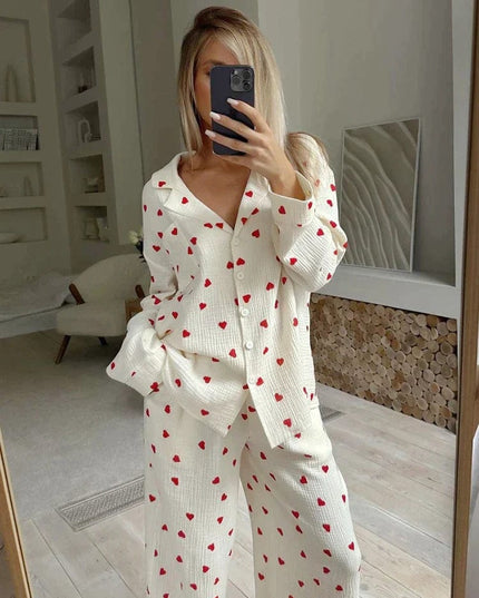 Women's Long Sleeve Pajama Set in a Heart Print