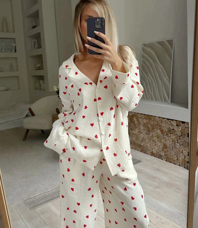 Women's Long Sleeve Pajama Set in a Heart Print