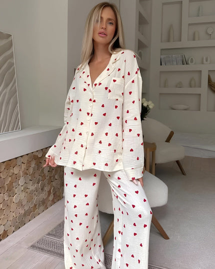 Women's Long Sleeve Pajama Set in a Heart Print