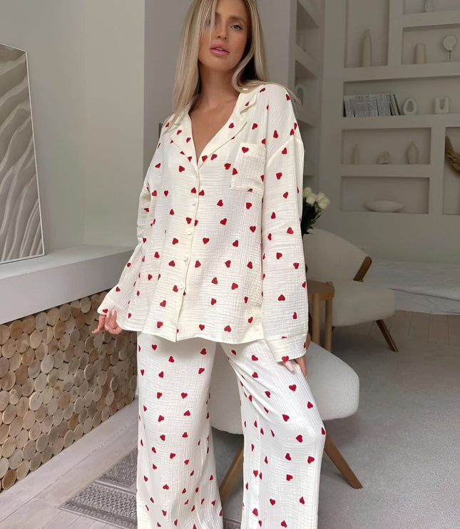 Women's Long Sleeve Pajama Set in a Heart Print