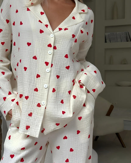Women's Long Sleeve Pajama Set in a Heart Print