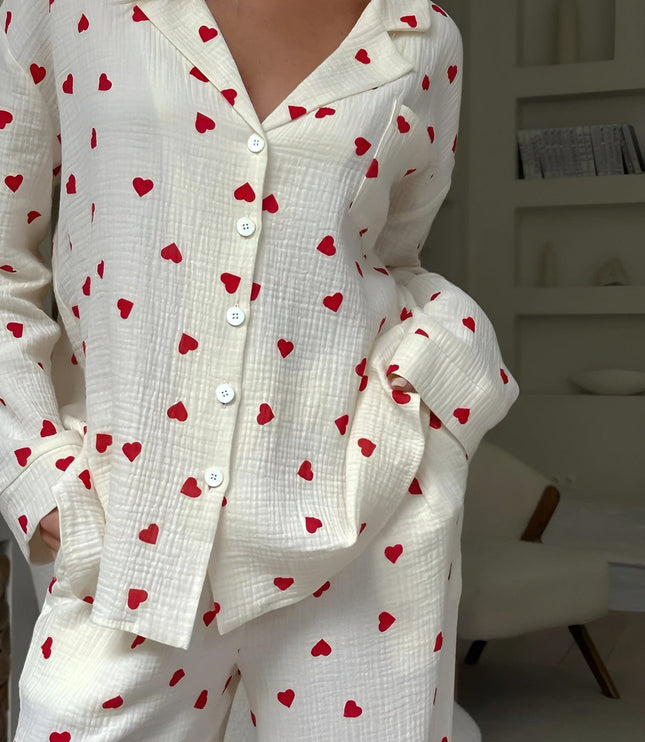 Women's Long Sleeve Pajama Set in a Heart Print