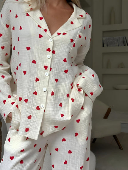 Women's Long Sleeve Pajama Set in a Heart Print