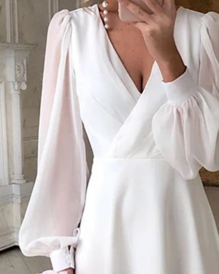 Women's Long Sleeve Wrap Wedding Dress with a Tea-Length Hem