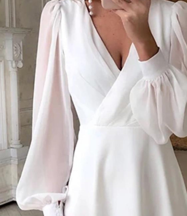 Women's Long Sleeve Wrap Wedding Dress with a Tea-Length Hem
