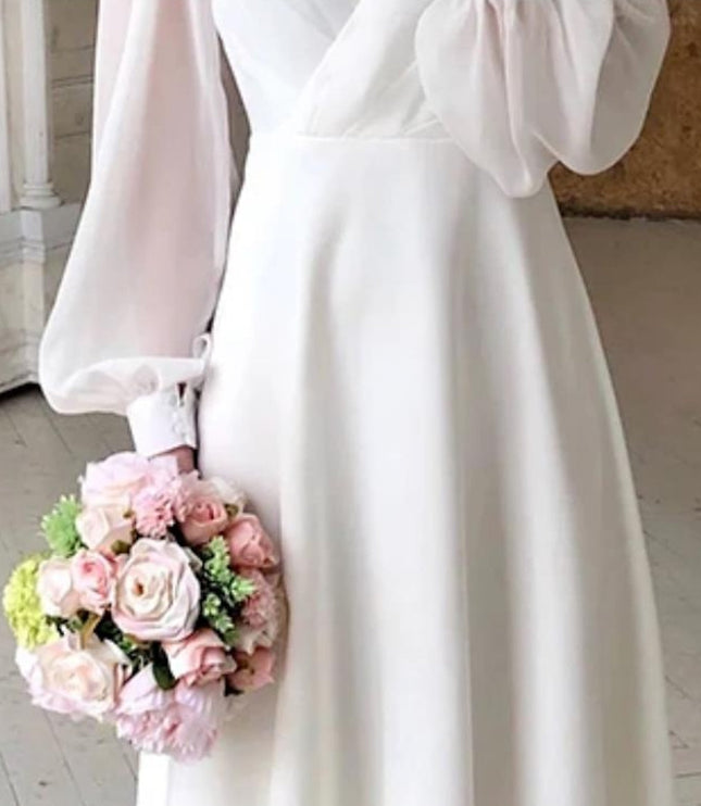 Women's Long Sleeve Wrap Wedding Dress with a Tea-Length Hem