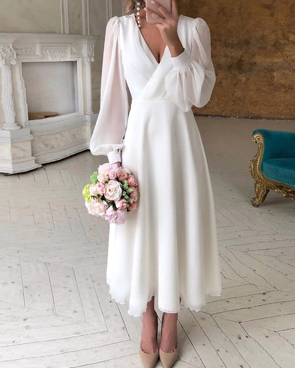 Women's Long Sleeve Wrap Wedding Dress with a Tea-Length Hem