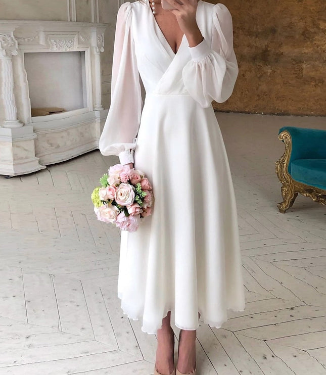 Women's Long Sleeve Wrap Wedding Dress with a Tea-Length Hem