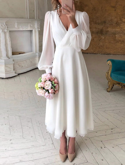 Women's Long Sleeve Wrap Wedding Dress with a Tea-Length Hem