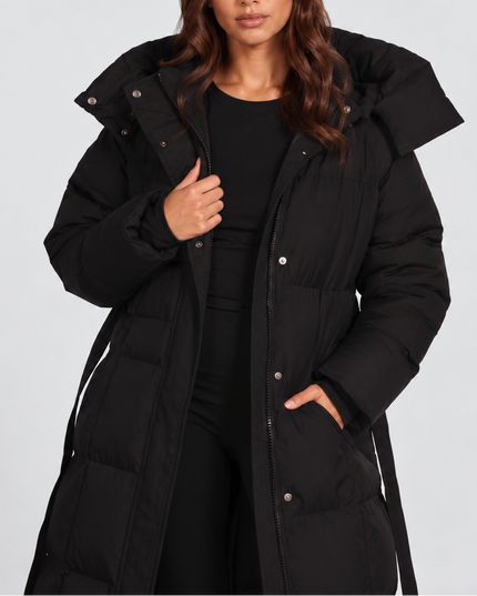 Women's Longline Puffer Coat with an Oversized Hood