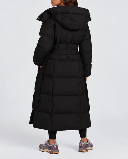Women's Longline Puffer Coat with an Oversized Hood