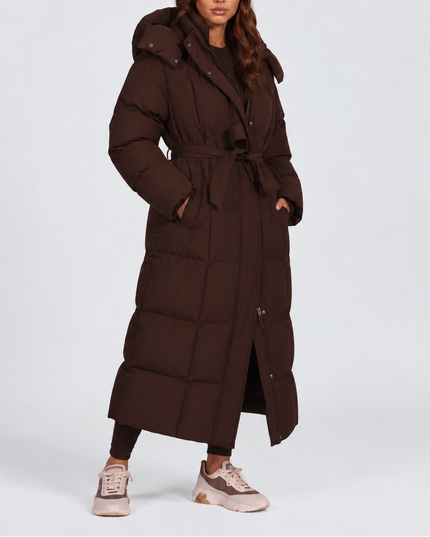Women's Longline Puffer Coat with an Oversized Hood