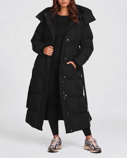 Women's Longline Puffer Coat with an Oversized Hood