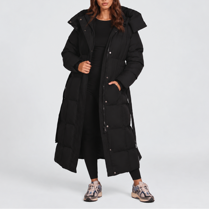 Women's Longline Puffer Coat with an Oversized Hood