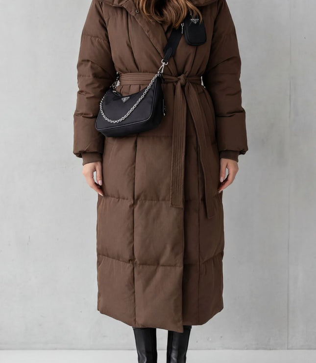 Women's Longline Shawl Collar Quilted Winter Puffer Coat