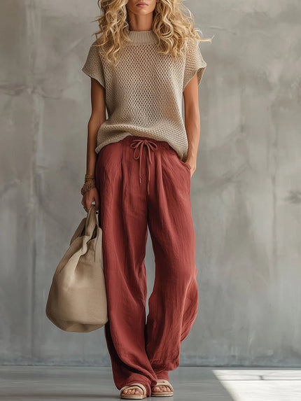 Women's Matching Set with a Knit Top and Wide-Leg Pants