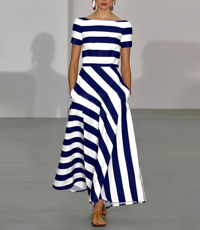 Women's Maxi Dress in a Bold Stripe with a Boat Neck