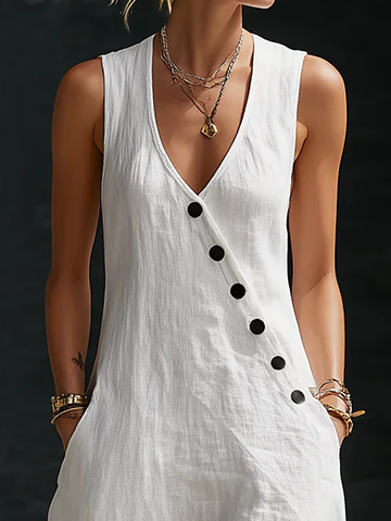 Women's Maxi Dress in Linen with a V-Neck and Diagonal Buttons