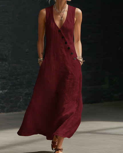 Women's Maxi Dress in Linen with a V-Neck and Diagonal Buttons