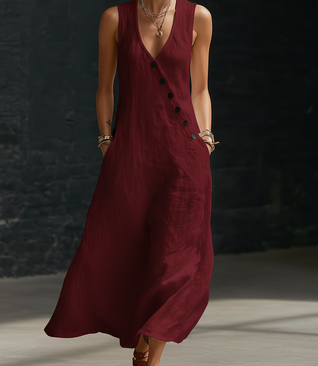 Women's Maxi Dress in Linen with a V-Neck and Diagonal Buttons