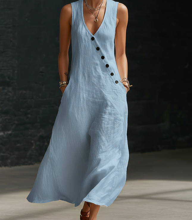 Women's Maxi Dress in Linen with a V-Neck and Diagonal Buttons