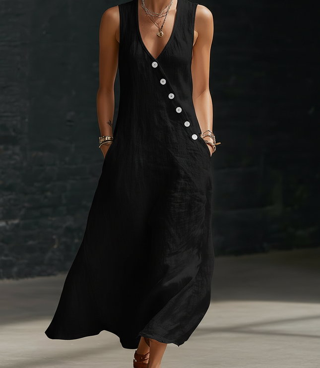 Women's Maxi Dress in Linen with a V-Neck and Diagonal Buttons