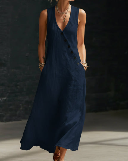 Women's Maxi Dress in Linen with a V-Neck and Diagonal Buttons