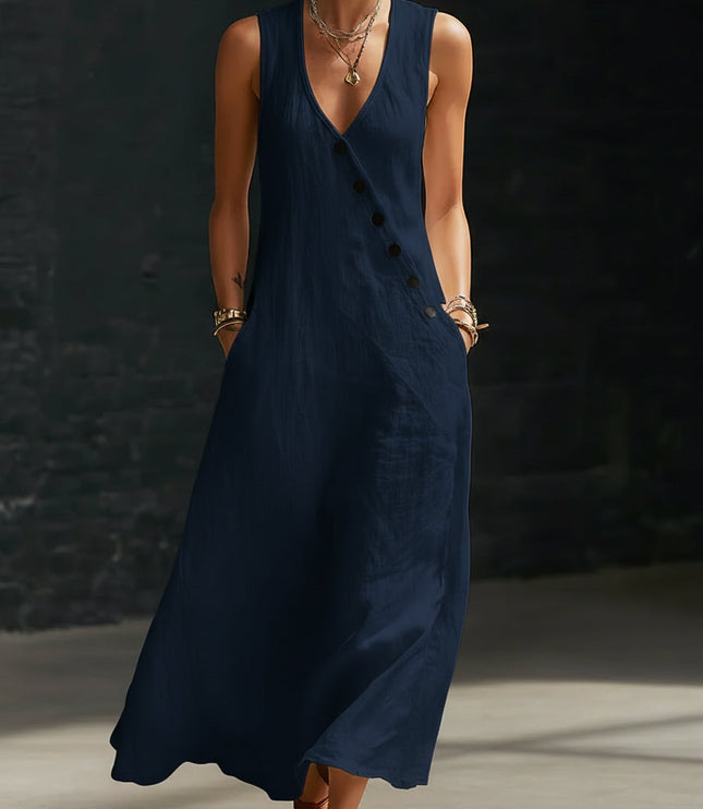 Women's Maxi Dress in Linen with a V-Neck and Diagonal Buttons