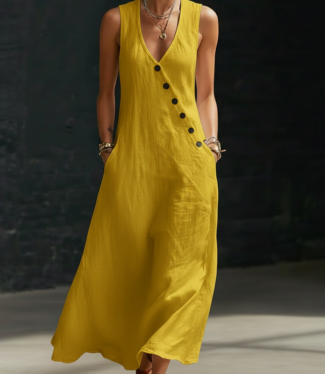 Women's Maxi Dress in Linen with a V-Neck and Diagonal Buttons