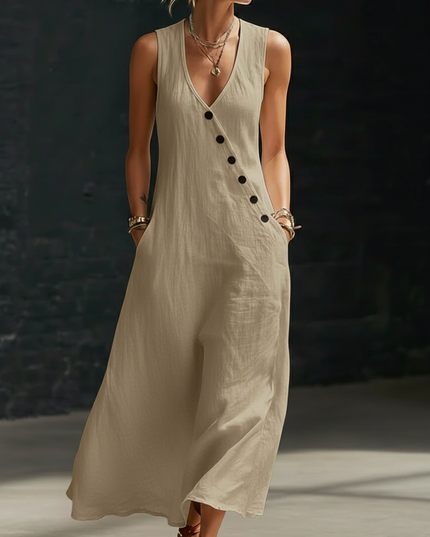 Women's Maxi Dress in Linen with a V-Neck and Diagonal Buttons
