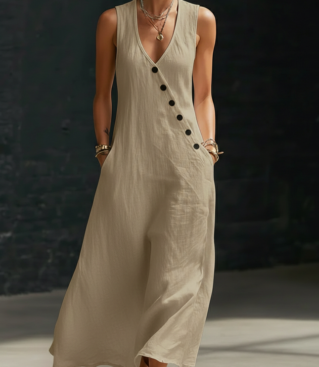 Women's Maxi Dress in Linen with a V-Neck and Diagonal Buttons