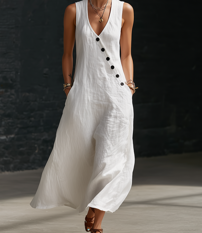 Women's Maxi Dress in Linen with a V-Neck and Diagonal Buttons