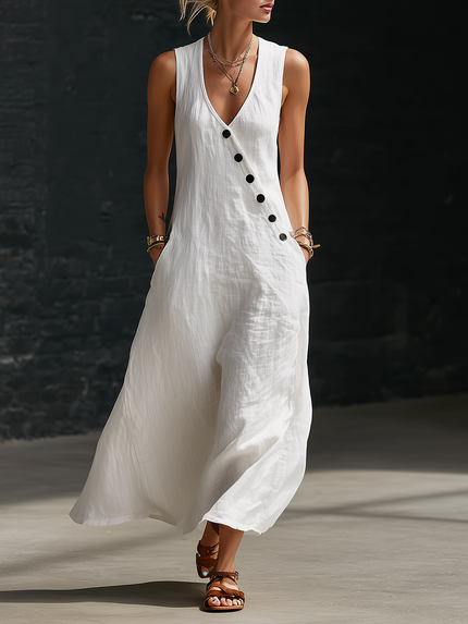 Women's Maxi Dress in Linen with a V-Neck and Diagonal Buttons