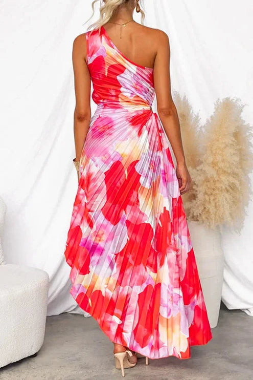 Women's Maxi Dress in Red Floral Print with a One-Shoulder Neckline