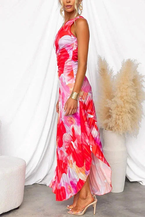 Women's Maxi Dress in Red Floral Print with a One-Shoulder Neckline