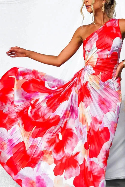 Women's Maxi Dress in Red Floral Print with a One-Shoulder Neckline