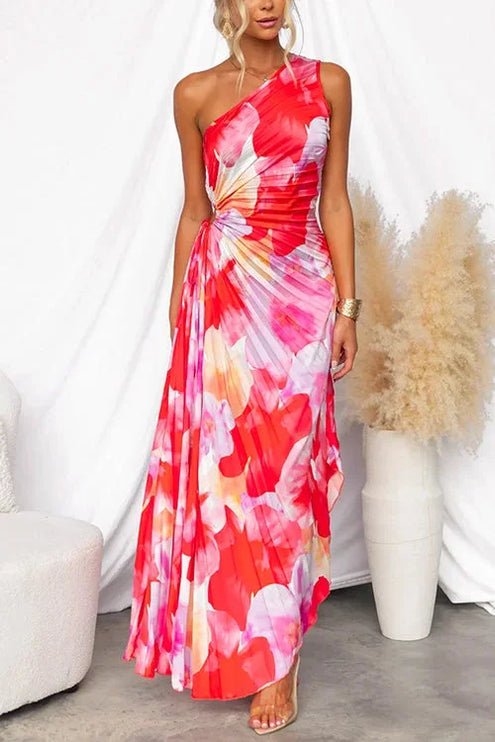 Women's Maxi Dress in Red Floral Print with a One-Shoulder Neckline