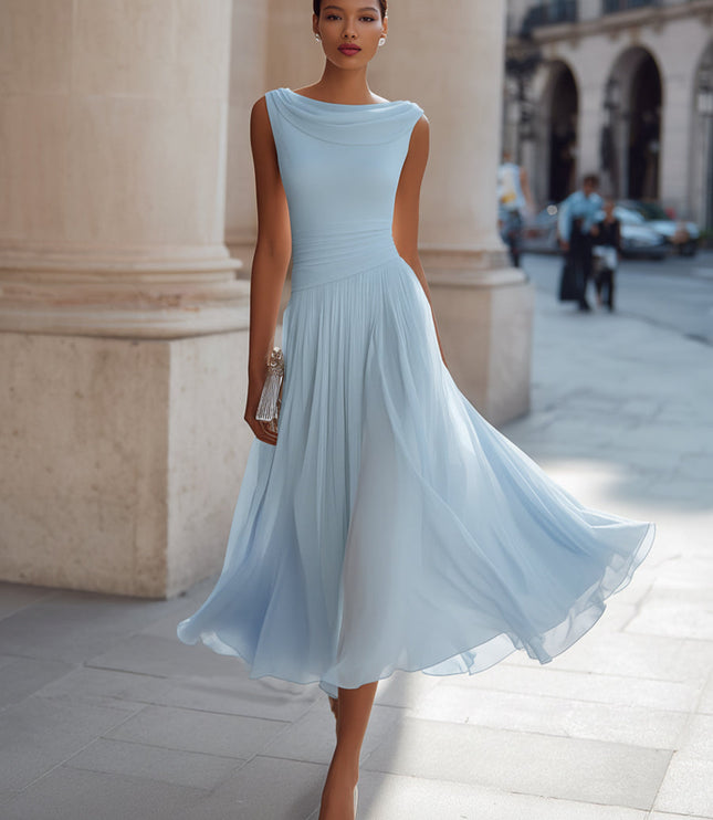 Women's Maxi Dress with a Draped Neckline and Pleated Skirt