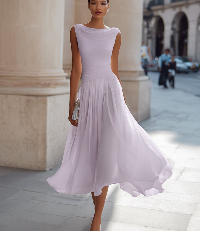 Women's Maxi Dress with a Draped Neckline and Pleated Skirt