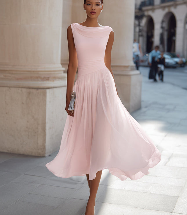 Women's Maxi Dress with a Draped Neckline and Pleated Skirt