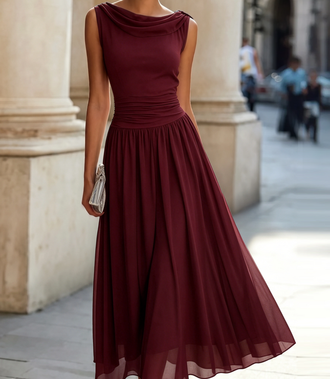 Women's Maxi Dress with a Draped Neckline and Pleated Skirt